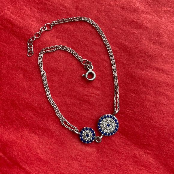 Evil Eye Silver Bracelet, double chain, 925 stamped, 2 eyes with cubic zirconia - Picture 1 of 8